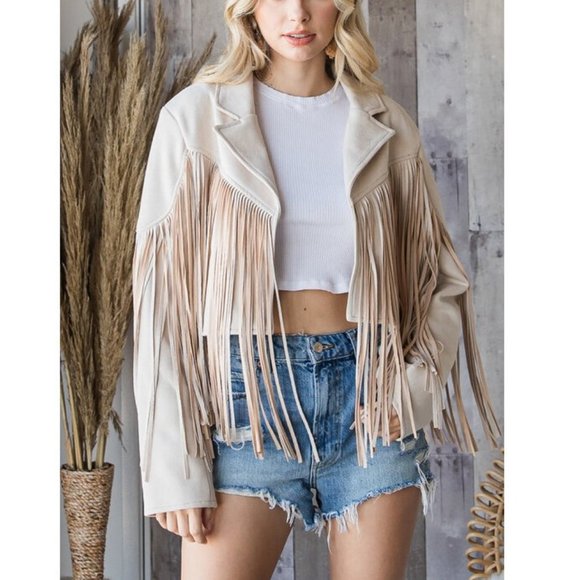 Sand Vegan Faux Suede Fringe Cropped Boho Western Moto Jacket Top Walford - Picture 3 of 7